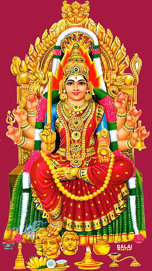Traditional Indian Goddess Amman Painting with Golden Ornaments and Ritual Items, Amman paintings, lord amman HD phone wallpaper