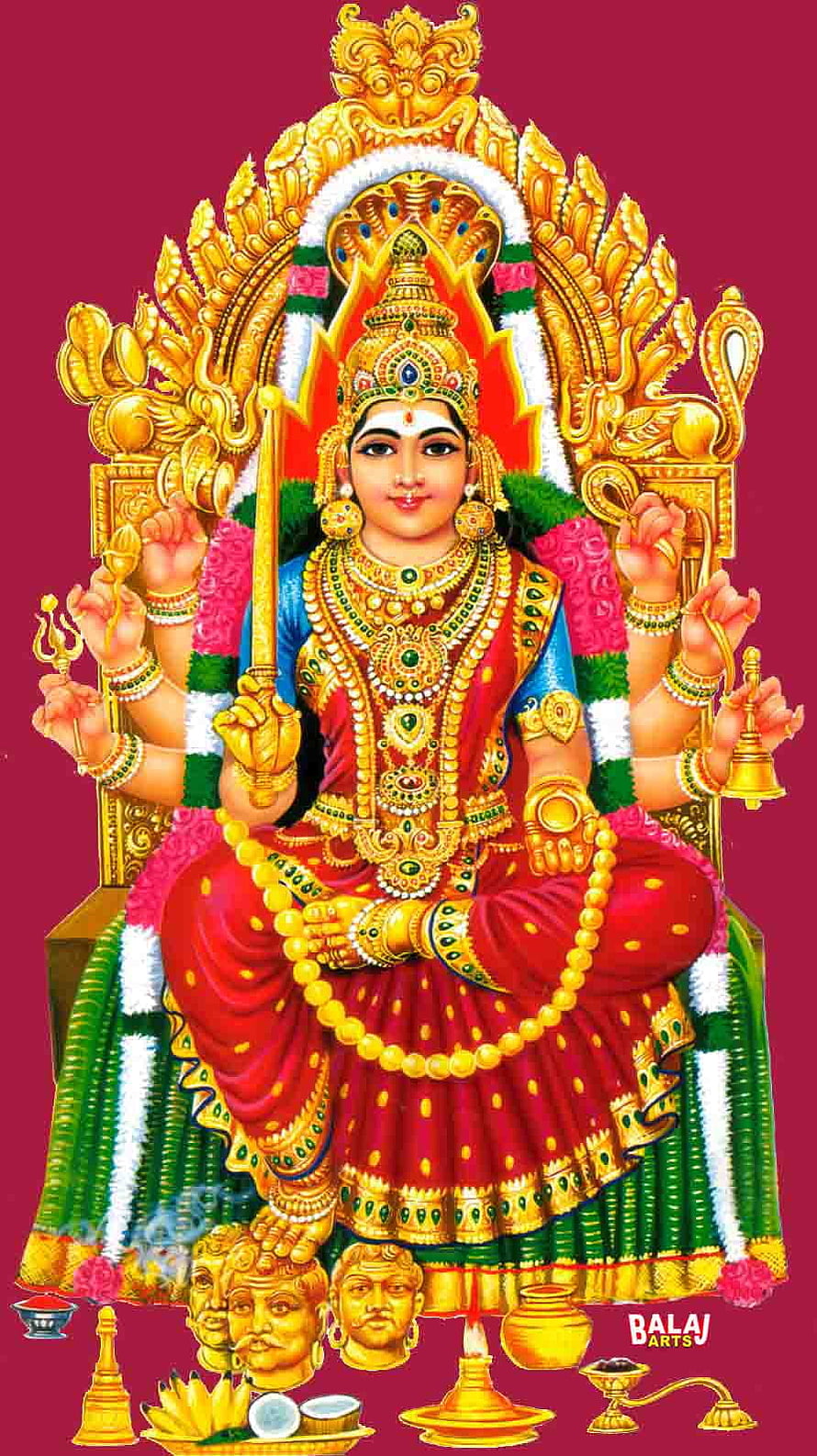 Traditional Indian Goddess Amman Painting with Golden Ornaments and Ritual Items, Amman paintings, lord amman HD phone wallpaper
