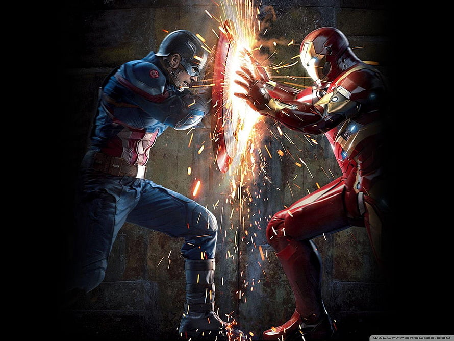 Captain America and Iron Man Clash in Epic Shield and Fist Battle HD wallpaper