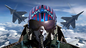 Top Gun Maverick Pilot Helmet with Fighter Jets in Formation Against Blue Sky HD wallpaper
