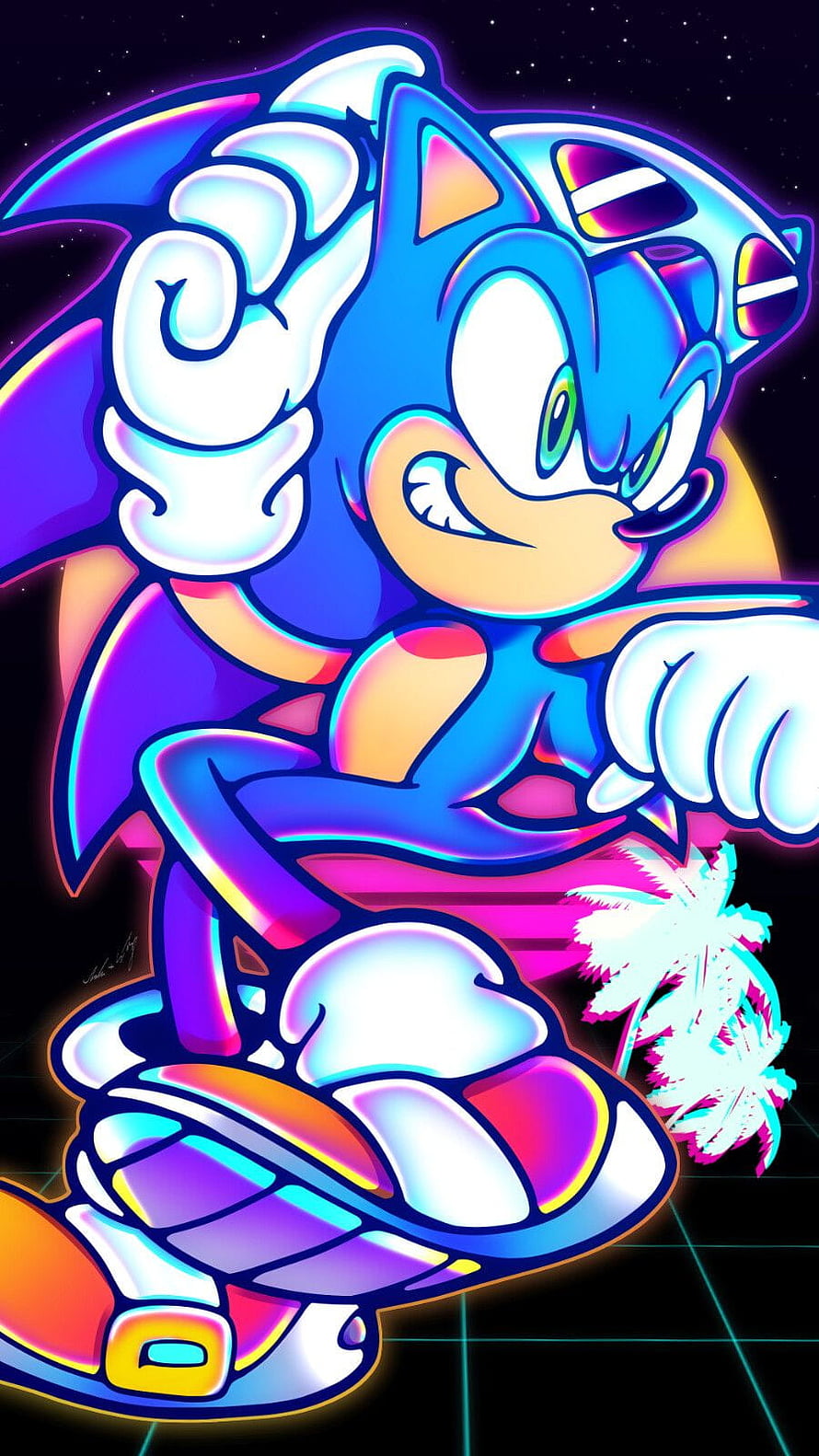 Sonic the Hedgehog Neon Synthwave Running Pose with Retro Grid and Palm Tree HD phone wallpaper