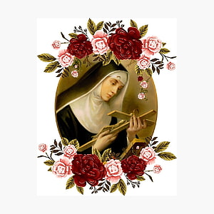 St. Rita of Cascia holding a cross framed by red and pink roses in a classical religious portrait HD phone wallpaper