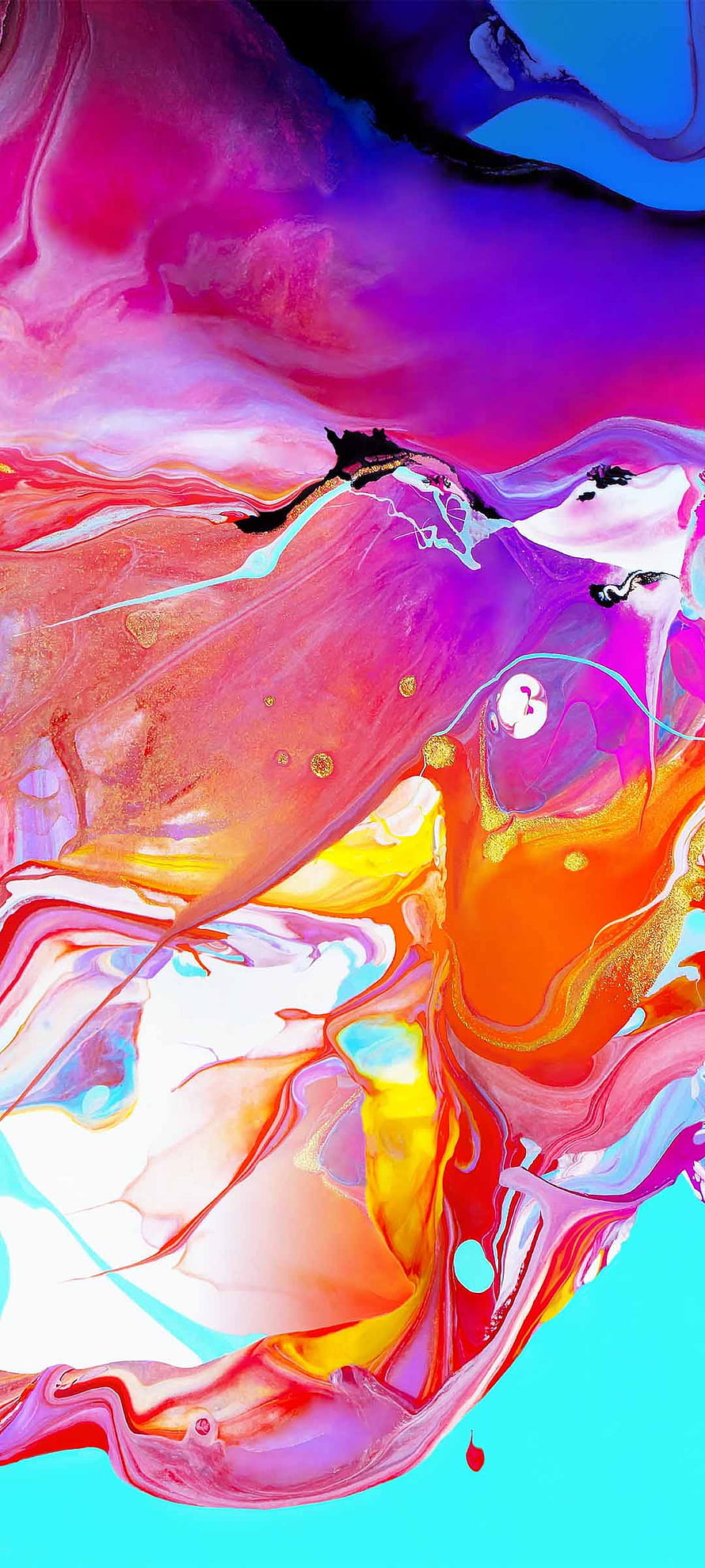 Vibrant Abstract Fluid Art with Swirling Pink, Purple, and Gold Pigments HD phone wallpaper