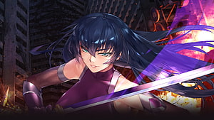 Action Taimanin anime warrior wielding a glowing purple sword in a fiery urban battle scene HD wallpaper