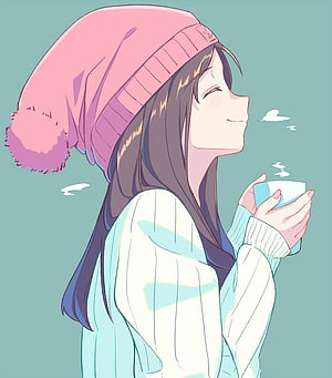 Anime girl in pink beanie enjoying a warm drink with eyes closed HD phone wallpaper