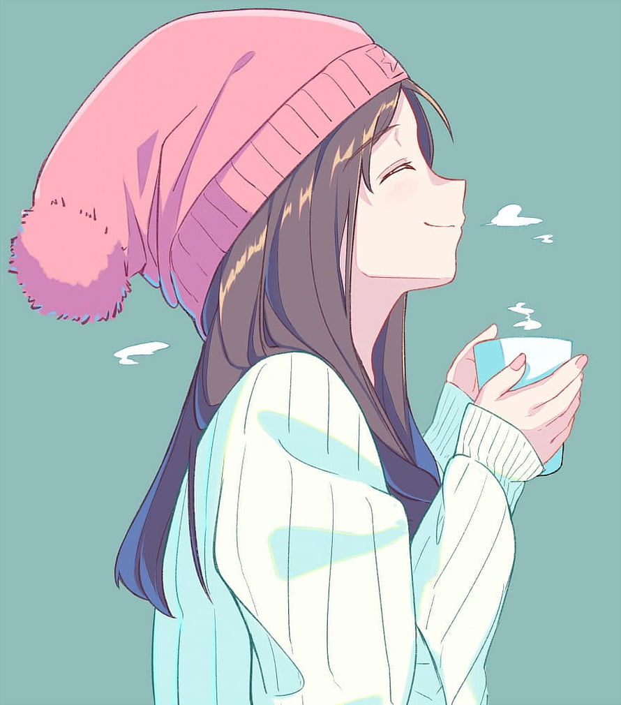 Anime girl in pink beanie enjoying a warm drink with eyes closed HD phone wallpaper