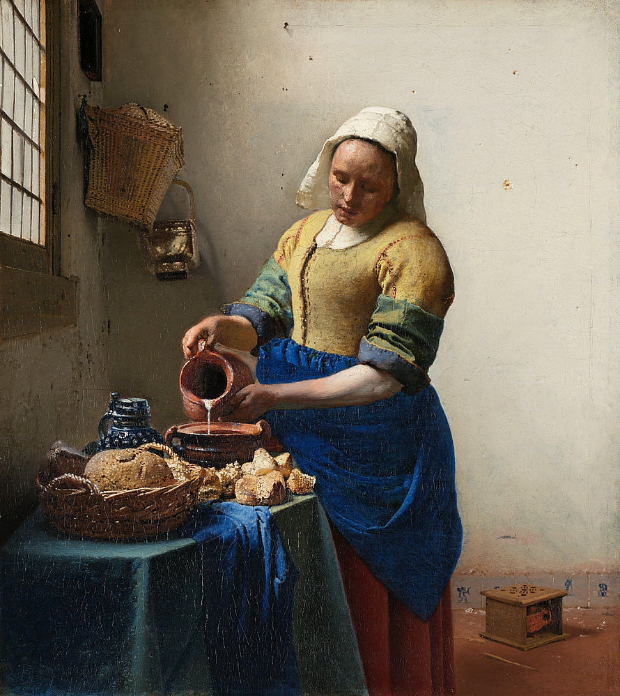 Johannes Vermeer The Milkmaid Oil Painting of Woman Pouring Milk in Dutch Kitchen HD phone wallpaper