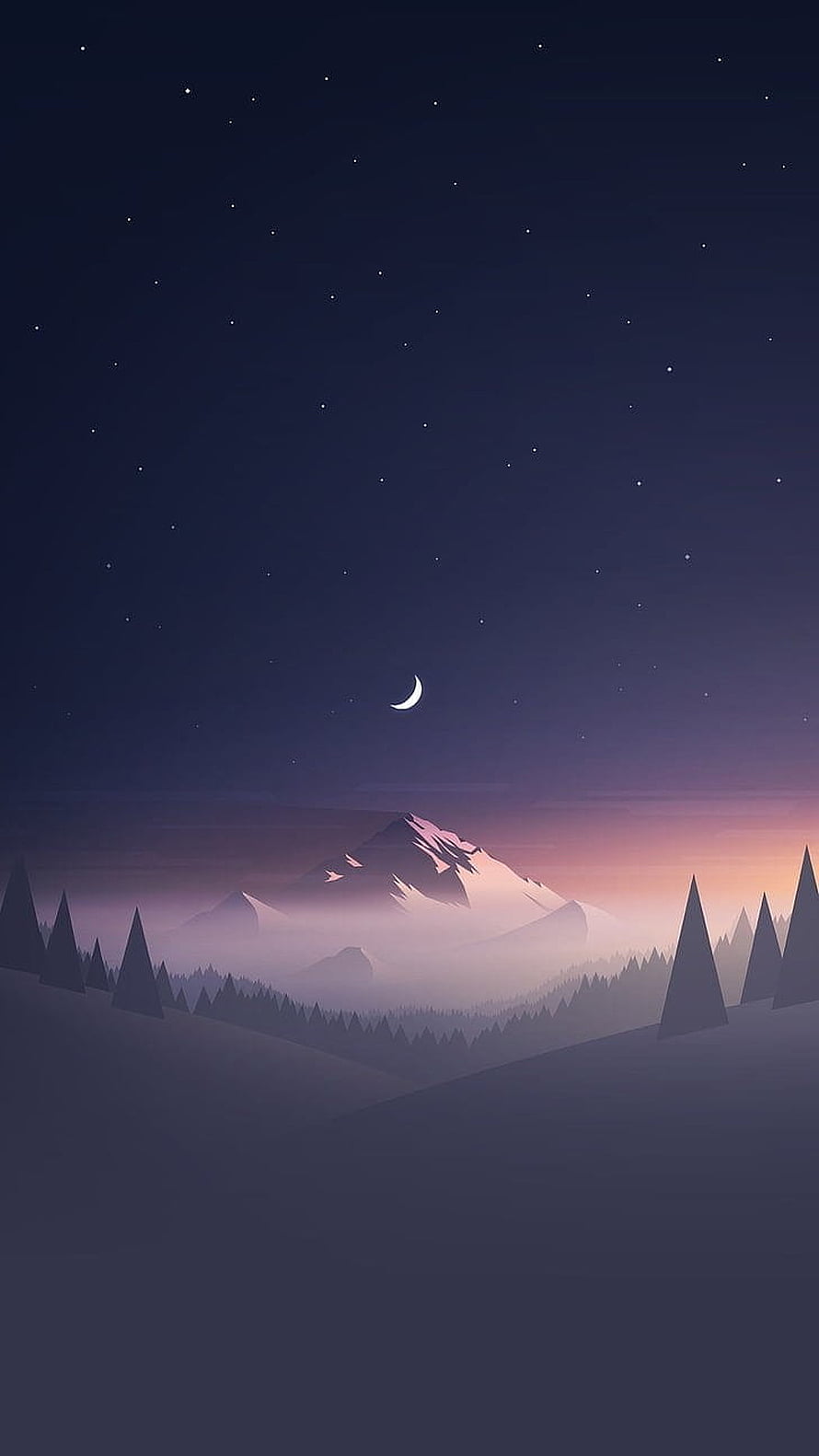 Minimalist Digital Art of a Starry Night Sky with Crescent Moon Over Snowy Mountain and Pine Forest HD phone wallpaper