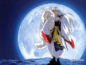 Sesshomaru from Inuyasha Standing Before a Full Moon in Traditional Attire HD wallpaper