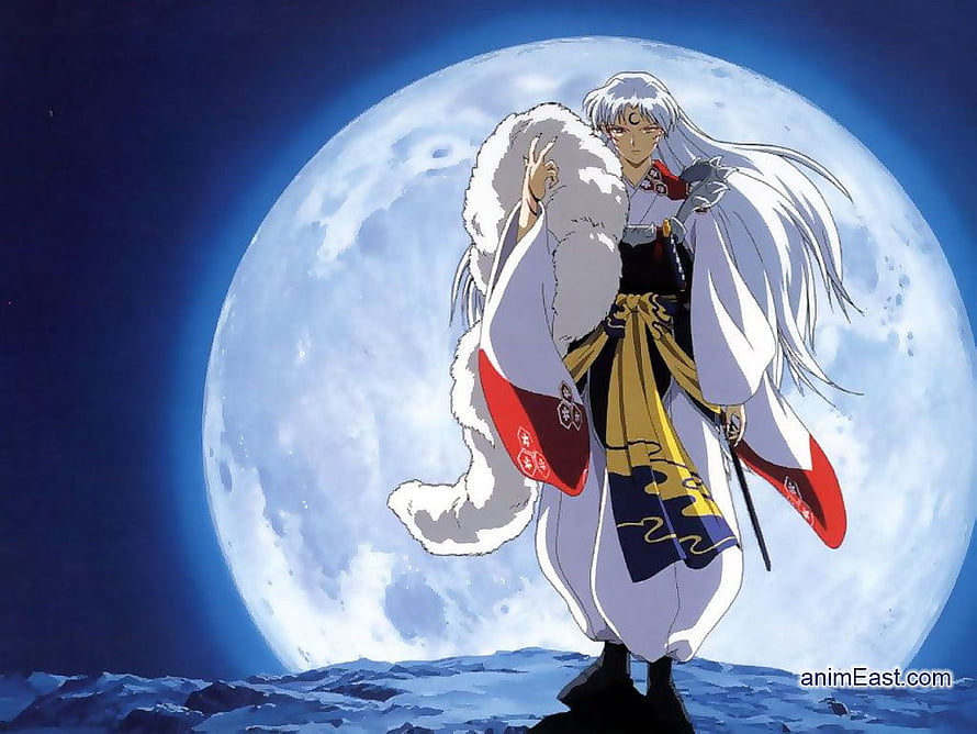 Sesshomaru from Inuyasha Standing Before a Full Moon in Traditional Attire HD wallpaper