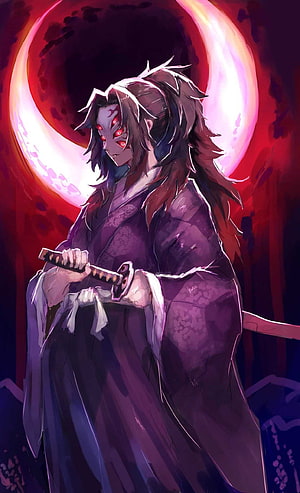 Kokushibo from Demon Slayer Standing Before a Blood Moon with Katana HD phone wallpaper