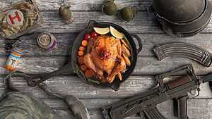 PUBG Chicken Dinner Roast Chicken with Military Gear and Rifle on Rustic Wood HD wallpaper