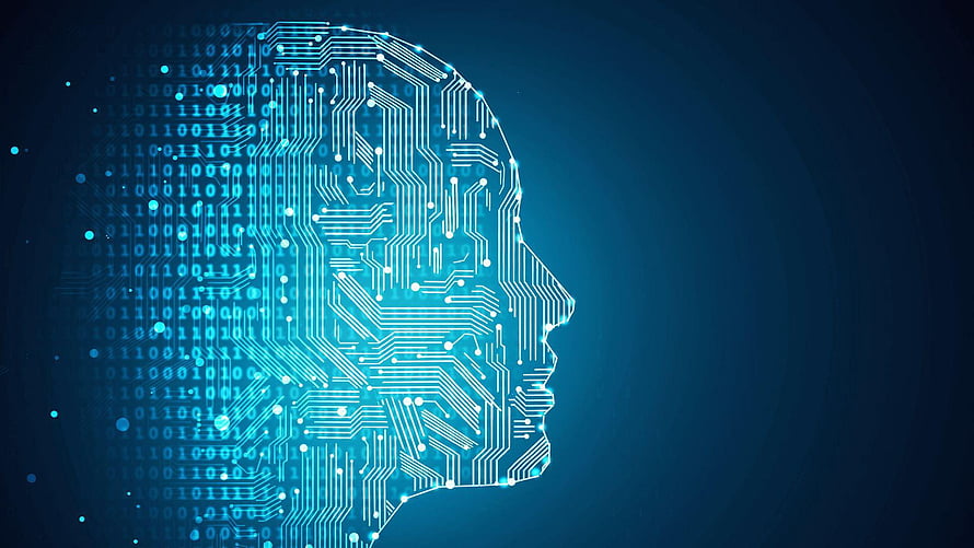 Digital Human Head Profile Formed by Circuit Board Traces and Binary Code on Dark Blue Background HD wallpaper
