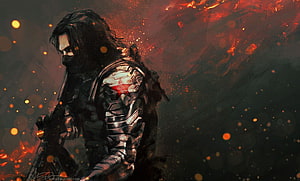 Bucky Barnes as the Winter Soldier in Dark Tactical Armor Amidst Fiery Embers HD wallpaper