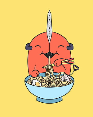 Pochita from Chainsaw Man Enjoying a Bowl of Ramen in a Cute Cartoon Style HD phone wallpaper