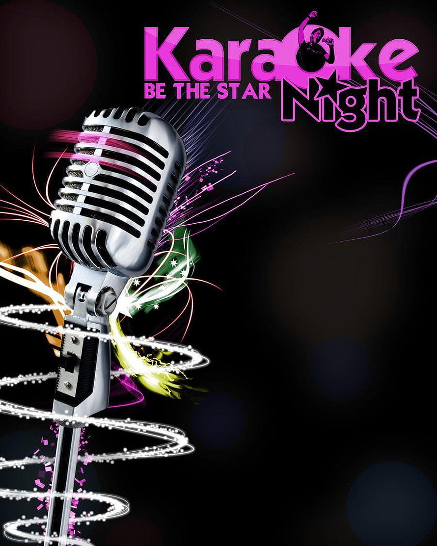 Retro Microphone Karaoke Night Poster with Neon Light Trails and Dark Stage Atmosphere HD phone wallpaper