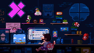 Pixel Art Mario Room with Nintendo Switch, Retro Gaming Consoles and Character Collectibles HD wallpaper