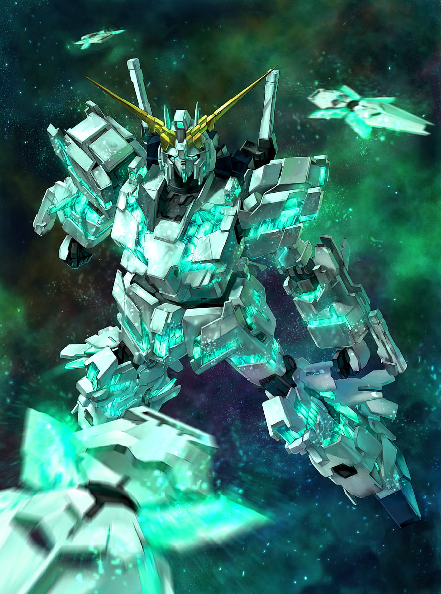 RX-0 Unicorn Gundam in Full Psycho-Frame Activation Amidst Cosmic Nebula HD phone wallpaper