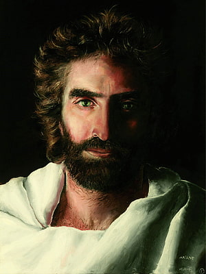 Oil Painting Portrait of Jesus Christ with Green Eyes and White Robe HD phone wallpaper