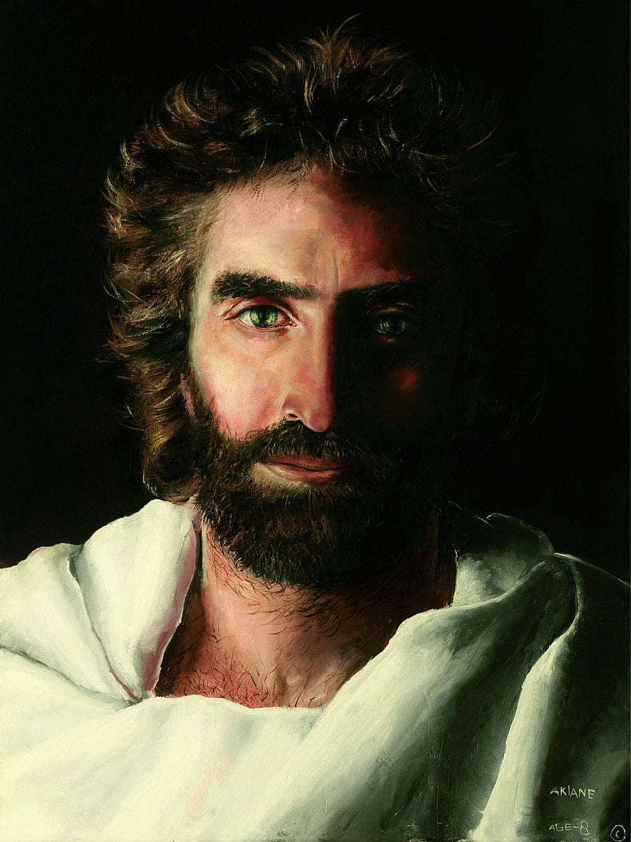 Oil Painting Portrait of Jesus Christ with Green Eyes and White Robe HD phone wallpaper
