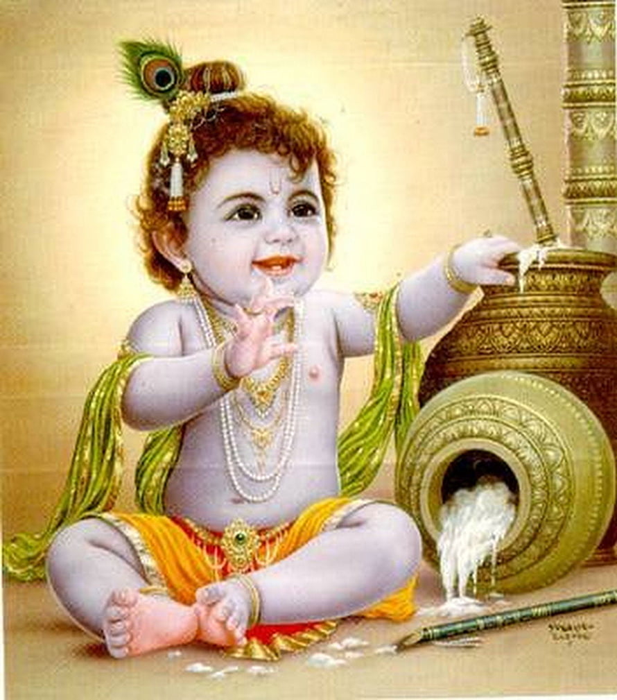Bal Gopal Baby Krishna Stealing Butter from a Pot in Traditional Indian Art HD phone wallpaper