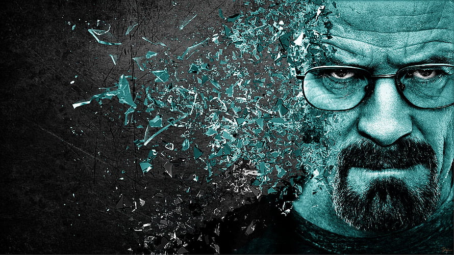 Breaking Bad Heisenberg Shattered Glass Portrait with Intense Stare and Teal Tones HD wallpaper