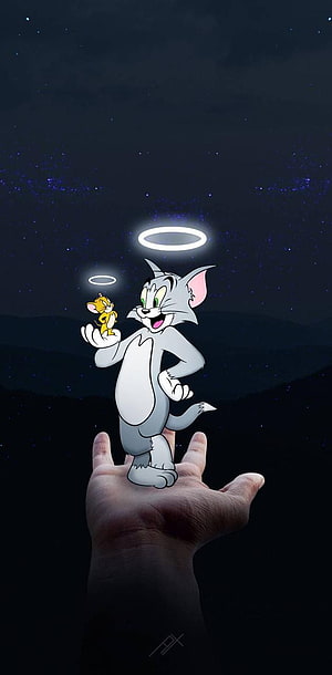 Tom and Jerry with angel halos standing on an open hand against a starry night sky HD phone wallpaper