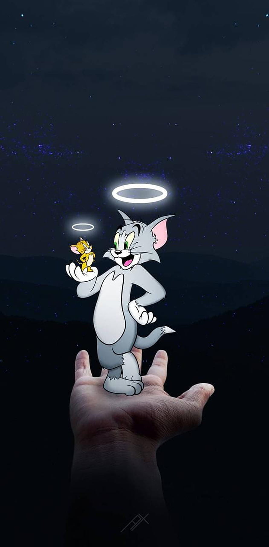 Tom and Jerry with angel halos standing on an open hand against a starry night sky HD phone wallpaper