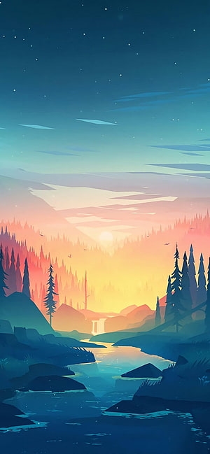 Stylized Digital Art of a River Valley at Sunset with Pine Forests and Mountains HD phone wallpaper
