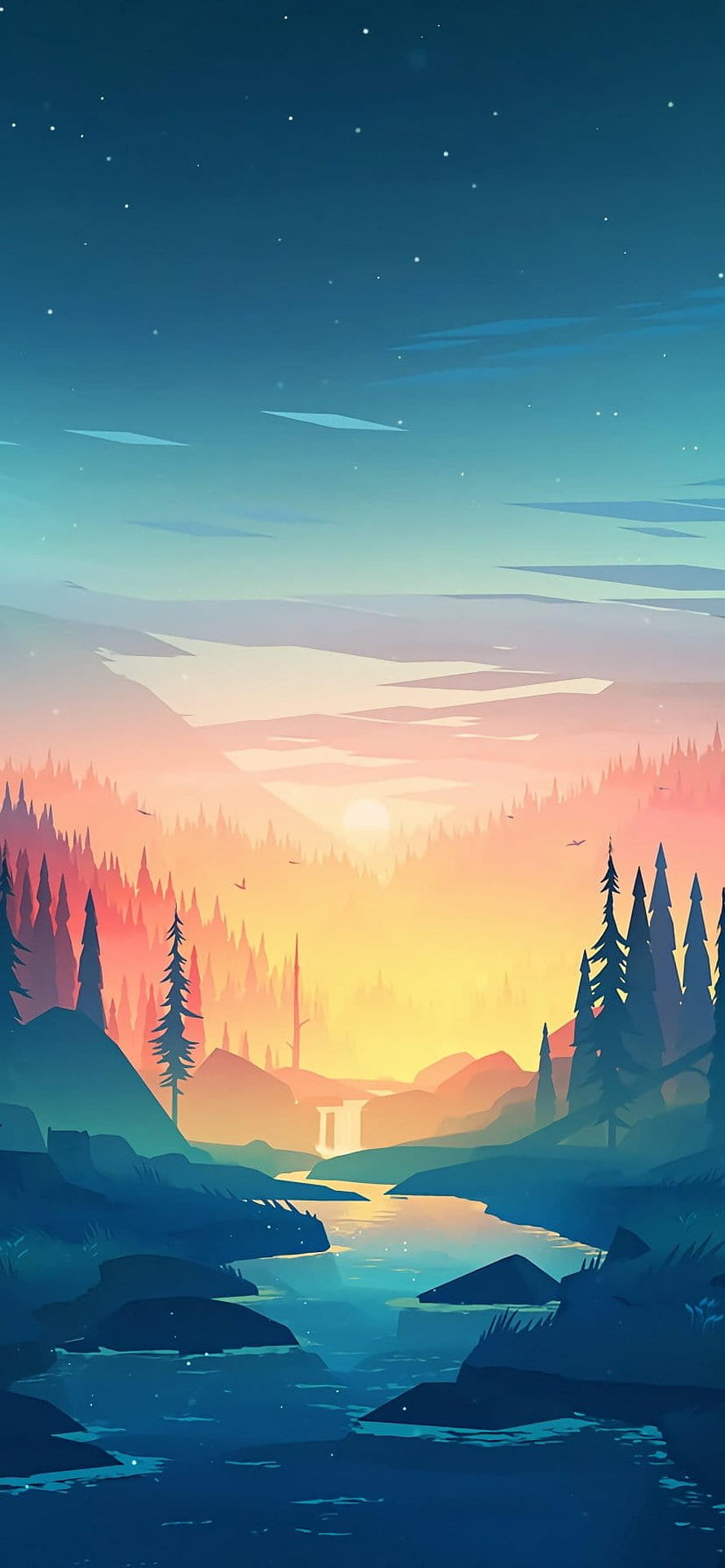 Stylized Digital Art of a River Valley at Sunset with Pine Forests and Mountains HD phone wallpaper