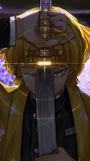 Zenitsu Agatsuma from Demon Slayer Holding Katana in Dramatic Anime Illustration HD phone wallpaper