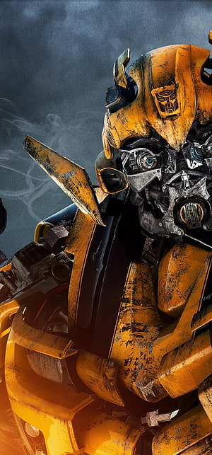 Bumblebee Transformers Close-Up Portrait with Battle Damage and Smoke HD phone wallpaper