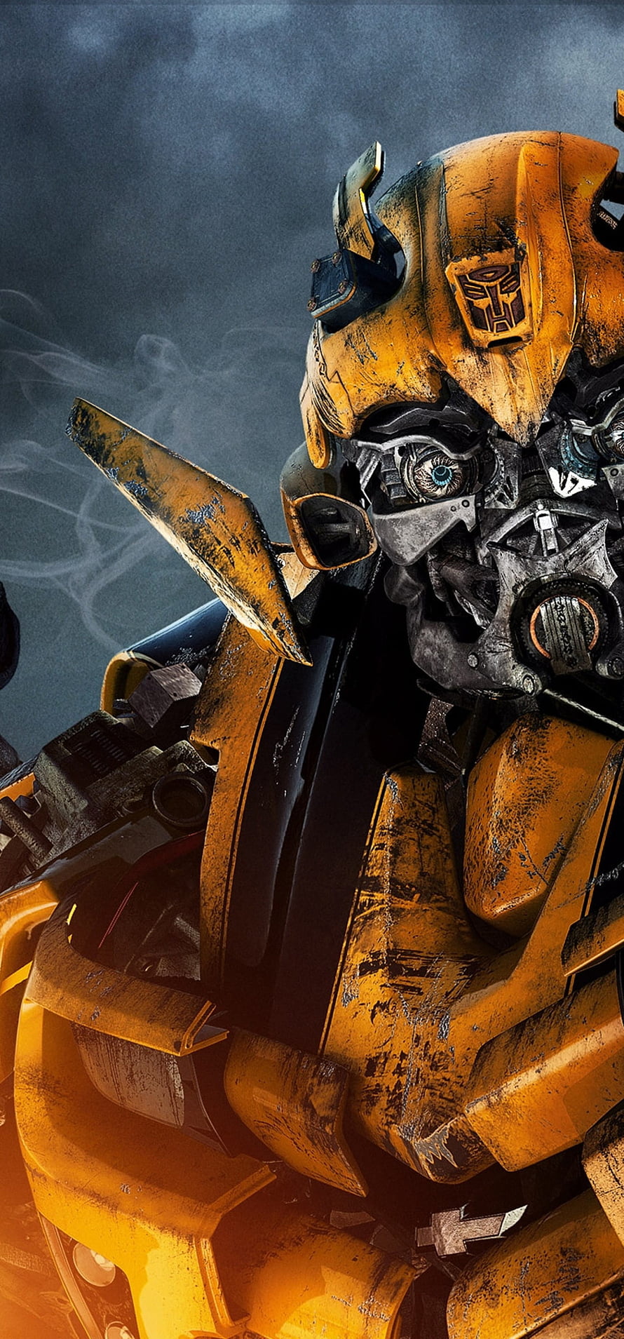 Bumblebee Transformers Close-Up Portrait with Battle Damage and Smoke HD phone wallpaper
