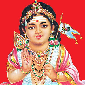 Lord Murugan Devotional Portrait with Vel and Rooster Flag on Red Background HD phone wallpaper