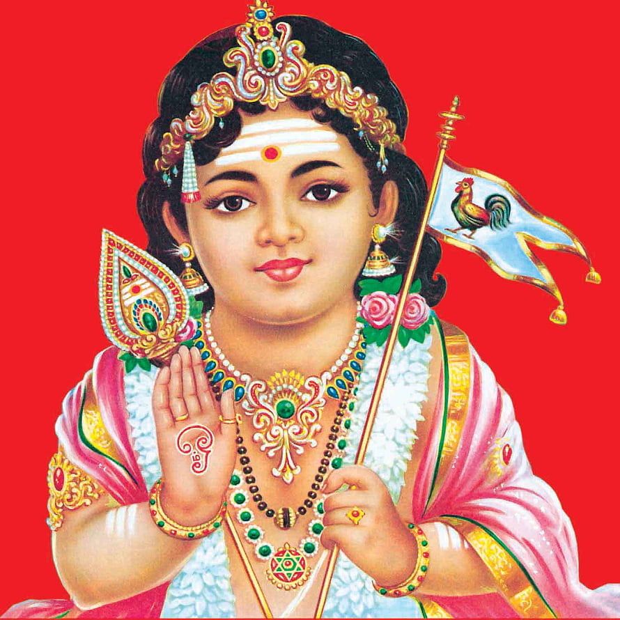 Lord Murugan Devotional Portrait with Vel and Rooster Flag on Red Background HD phone wallpaper