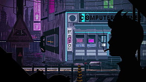 Smoking Silhouette in Rainy Cyberpunk City Pixel Art Lofi Scene HD wallpaper