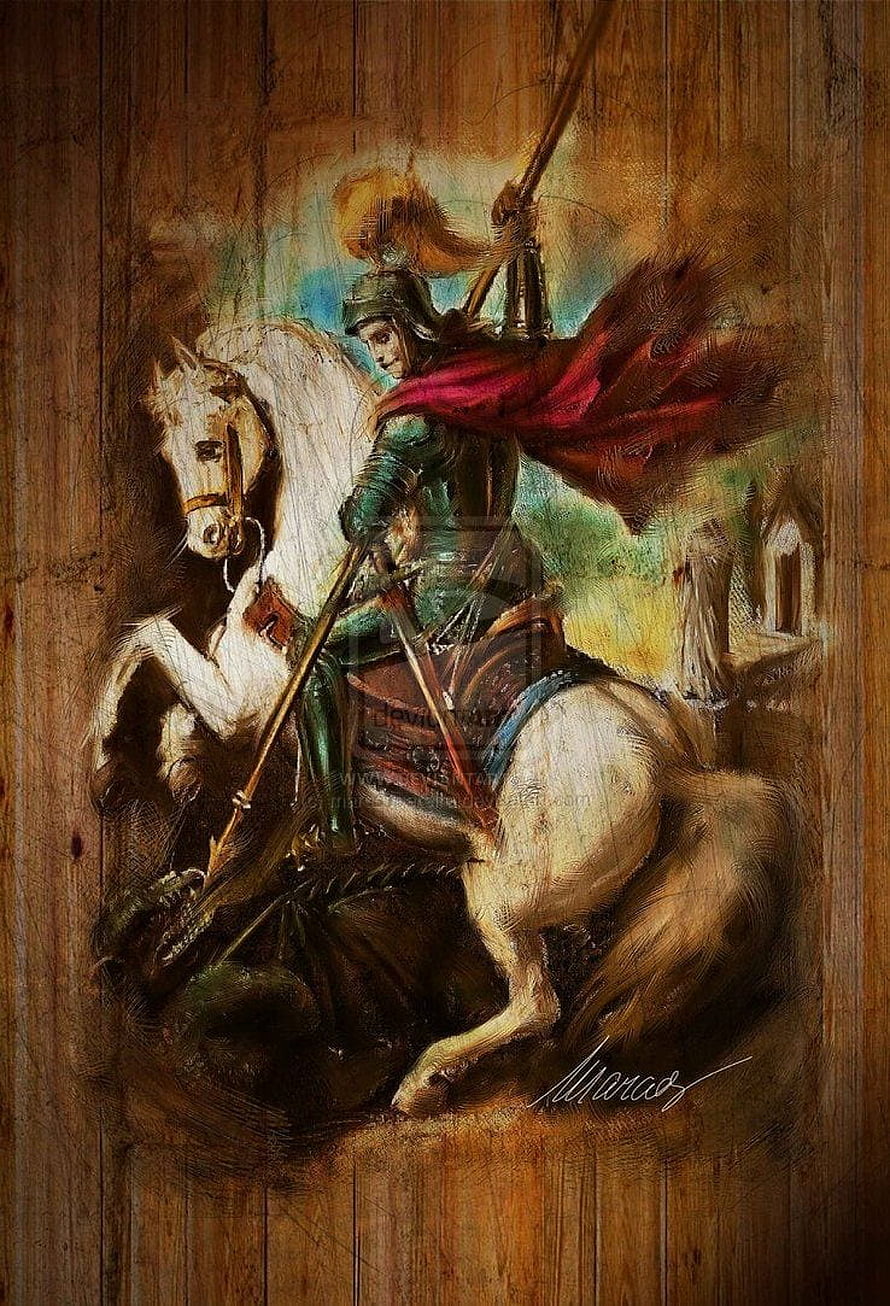 St. George on a White Horse with Lance and Red Cape in Classic Oil Painting Style HD phone wallpaper