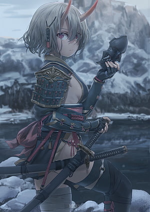 Oni Girl in Samurai Armor Holding Katana and Demon Mask in Snowy Landscape HD phone wallpaper