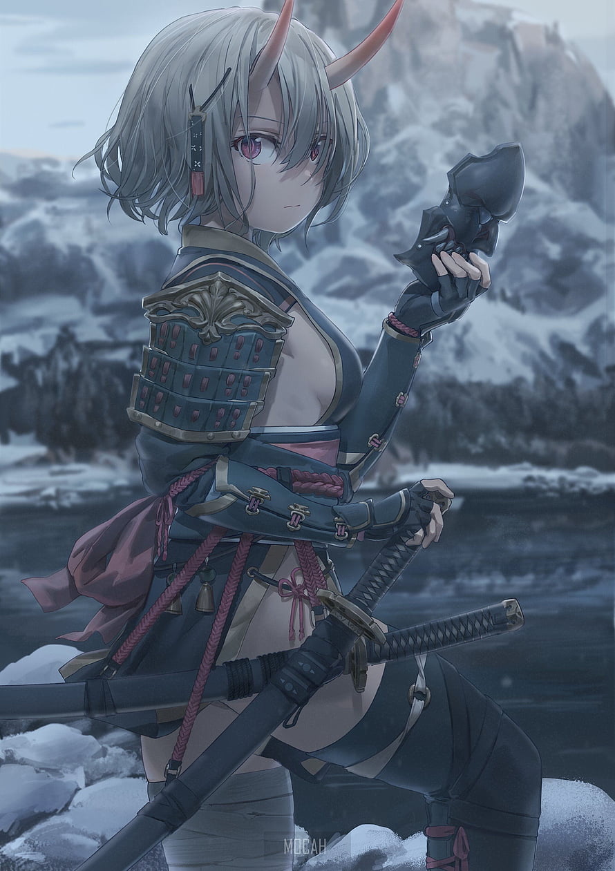 Oni Girl in Samurai Armor Holding Katana and Demon Mask in Snowy Landscape HD phone wallpaper