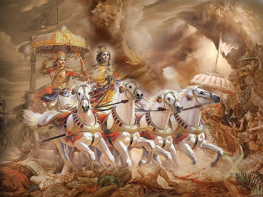 Krishna and Arjuna in the Divine Chariot Amidst the Epic Battle of Kurukshetra HD wallpaper