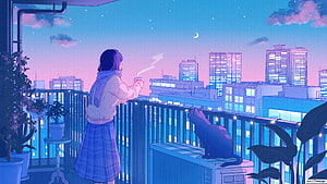 Anime Girl Enjoying Night Coffee on Balcony with Cat and City Skyline HD wallpaper