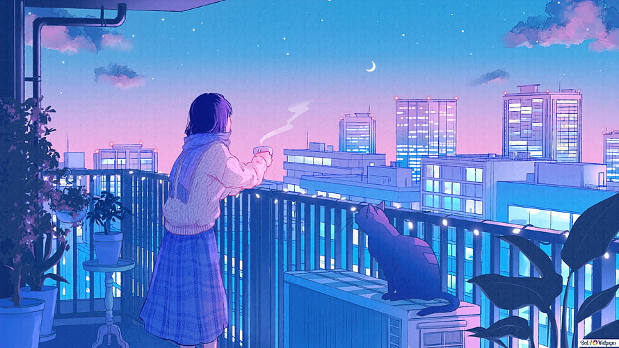 Anime Girl Enjoying Night Coffee on Balcony with Cat and City Skyline HD wallpaper