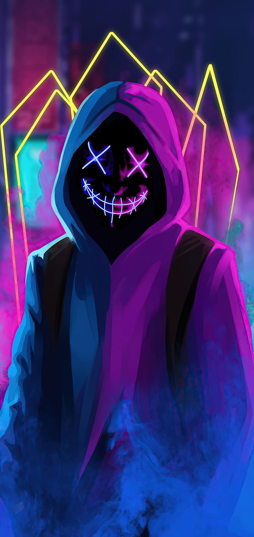 Neon Hooded Figure with Glowing X Eyes and Stitched Smile in Cyberpunk Style HD phone wallpaper