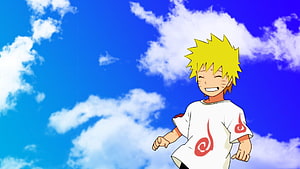 Naruto Uzumaki Running Under a Bright Blue Sky with Fluffy White Clouds HD wallpaper