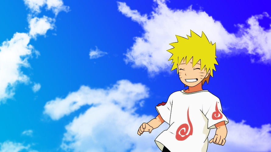 Naruto Uzumaki Running Under a Bright Blue Sky with Fluffy White Clouds HD wallpaper