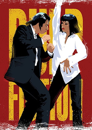 Pulp Fiction Dance Scene Illustration with Red and Yellow Typography HD phone wallpaper
