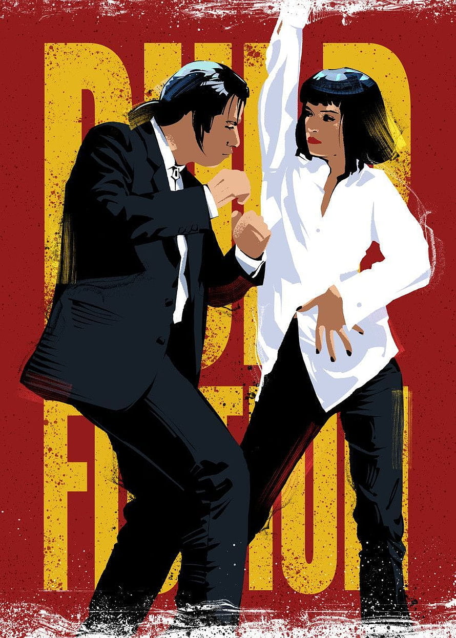 Pulp Fiction Dance Scene Illustration with Red and Yellow Typography HD phone wallpaper