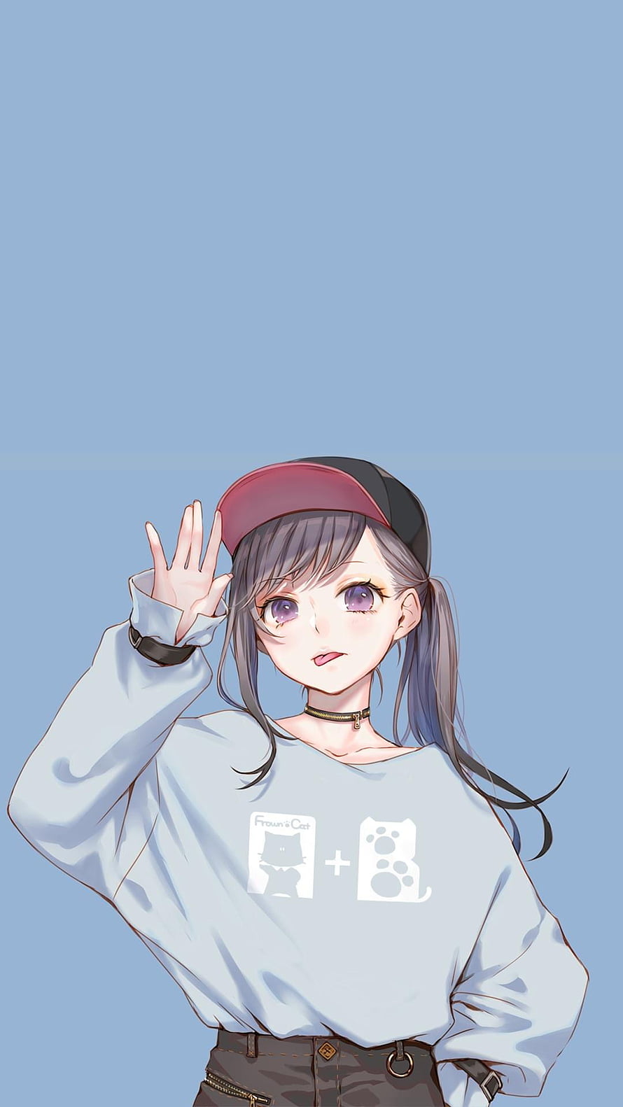 Anime Girl Wearing Red Cap and Cat Graphic Sweatshirt Against Blue Sky HD phone wallpaper