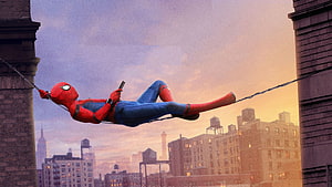 Spider-Man swinging through a New York City skyline at sunset HD wallpaper
