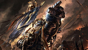 Warhammer 40,000 Space Marine in Battle Armor with Lightning Fist and Imperial Standard HD wallpaper